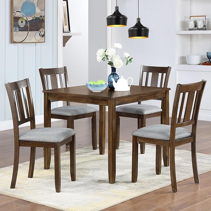 5-Piece Solid Wood Dining Table Set with 4 Upholstered Chairs, Square Dining Table Set for 4, Modern Kitchen and Dining Room Table and Chairs Set of 4, Walnut