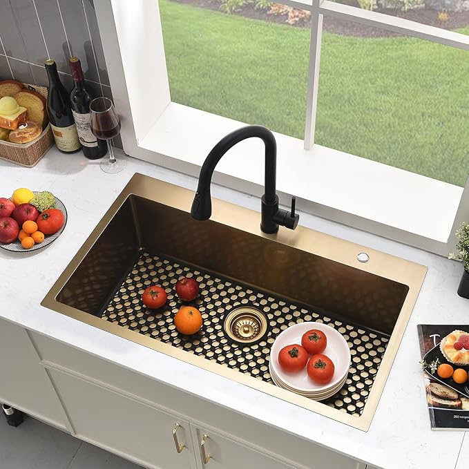 33 Inch Gold Drop In Kitchen Sink with Faucet Combo-Brovy 33x19 Drop-In Top Mount Kitchen Sink Brushed Gold 18 Gauge Deep Single Bowl Kitchen Sink with Mat&Drainer