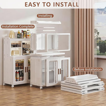 VECELO Foldable Plastic Sideboard Cabinet with Adjustable Shelves, Waterproof Buffet Cabinet with Doors for Kitchen, Dining Room & Small Spaces, White