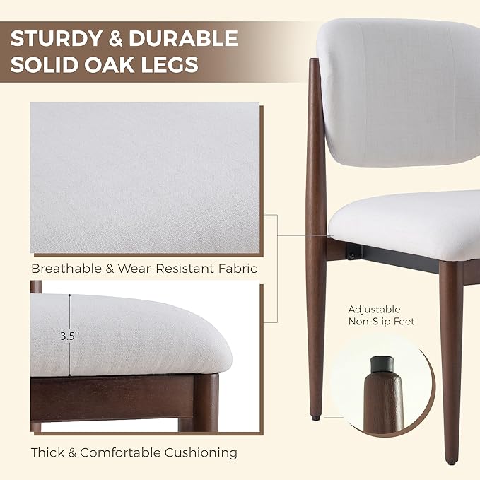 Casaphoria Dining Chairs Set of 2, Solid Walnut Wood Legs Upholstered Kitchen Chairs, Mid Century Modern Ergonomic Curved Back Accent Chair for Dining Room, Home Office and Vanity, White