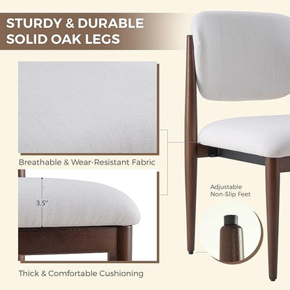 Casaphoria Dining Chairs Set of 2, Solid Walnut Wood Legs Upholstered Kitchen Chairs, Mid Century Modern Ergonomic Curved Back Accent Chair for Dining Room, Home Office and Vanity, White
