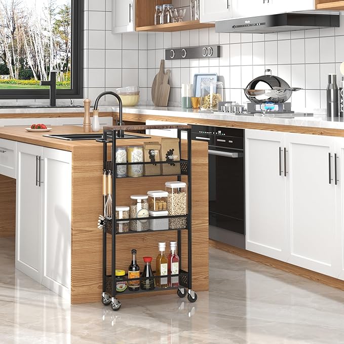 XYZLVSI Slim Storage Cart 4 Tier Narrow Kitchen Rolling Cart on Wheels for Small Space, Mobile Utility Cart Shelving Unit with Wooden Top and Metal Handle for Kitchen, Bathroom, Laundry Room