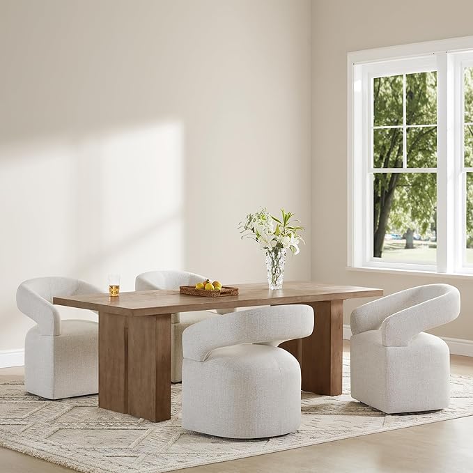 KISLOT Upholstered Dining Chairs with Casters, Modern Barrel Side Armchair with Rollers for Dining Room, Bedroom, Kitchen, Reading Room, Beige, Set of 1