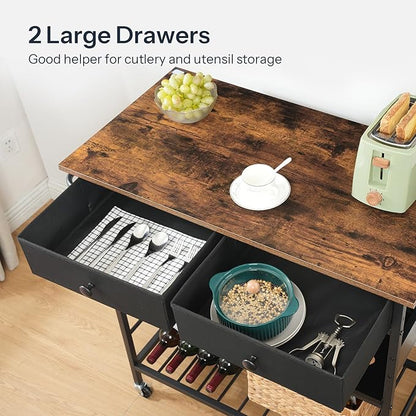 HOOBRO Kitchen Island with Storage, Rolling Island Cart for Kitchen with 2 Drawers & Outlet, 3 Tier Coffee Station and Microwave Stand, Kitchen Island Table for Home, Rustic Brown and Black FB08UZD01