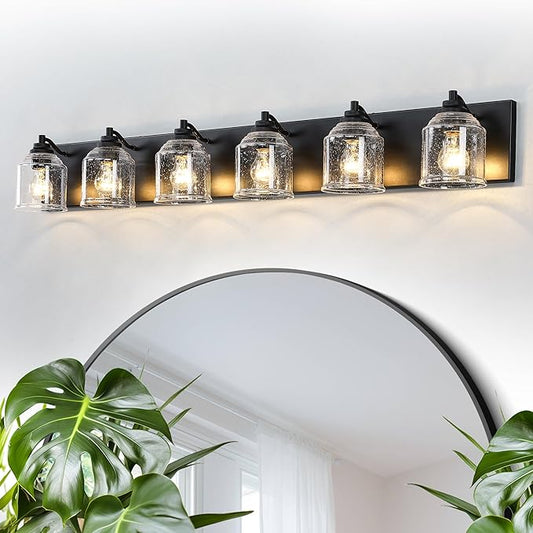 Vanity Lights for Bathroom Large 48 inch, Farmhouse Rustic Vanity Light with Bubble Glass Shades, Black 6 Light Bathroom Lighting Fixtures Over Mirror, Bath Wall Sconce Home Decor