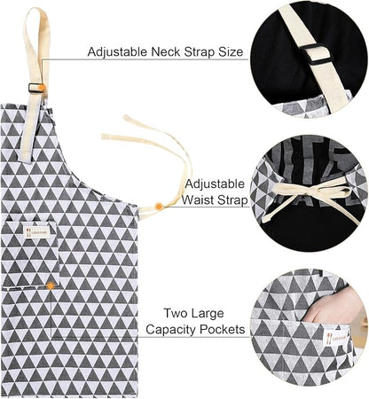 Syhood 2 Pack Aprons with 2 Pocket for Women Men Soft Linen Adjustable Bib Kitchen Cooking Apron for Chefs, Waiters, Baking(Gray Triangle Style)