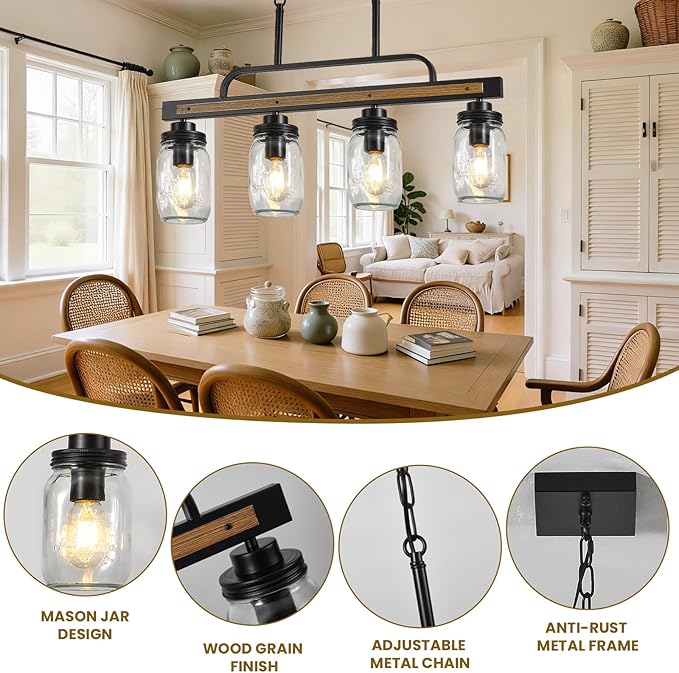 4-Light Farmhouse Dining Room Chandelier, Black Mason Jar Chandelier Lighting Fixture for Kitchen Island, Dining Room, Rustic Linear Cluster Hanging Pendant Light, Faux Wood with Glass Shade