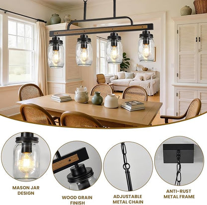 4-Light Farmhouse Dining Room Chandelier, Black Mason Jar Chandelier Lighting Fixture for Kitchen Island, Dining Room, Rustic Linear Cluster Hanging Pendant Light, Faux Wood with Glass Shade