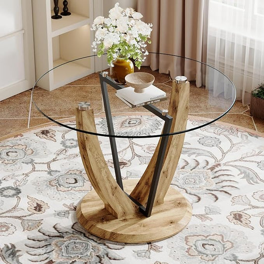 JUFU Round Dining Table for 4, 42 Inch Dining Room Table, Wood Small Kitchen Table with Stable Pedestal, Modern Glass Dining Table for Kitchen,Living Room,Apartment,Restaurant