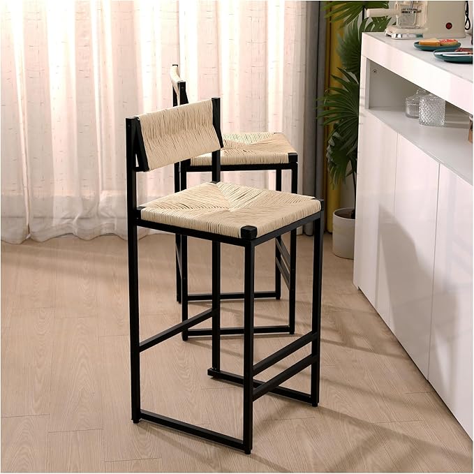 Creamy White，Honey，Gray Paper Rope Woven Stools Set of 2 Hand Weave Counter Chairs with Footrest for Kitchen Island, Dining Room