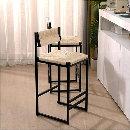 Creamy White，Honey，Gray Paper Rope Woven Stools Set of 2 Hand Weave Counter Chairs with Footrest for Kitchen Island, Dining Room