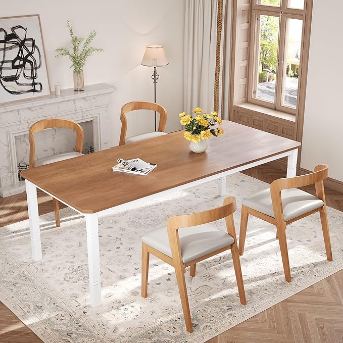GAOMON Round Dining Table for 6-8 People - Rustic Industrial Farmhouse Long Table with Sturdy Metal Frame & Chamfered Corners for Dining Room, Ktichen Breakfast Nook, Walnut & White