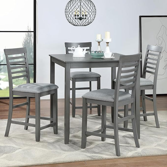 5-Piece Counter Height Dining Table Set for 4, Solid Wood Square Kitchen Table with 4 Upholstered Ladder-Back Chairs, Modern Gray Dining Set for Kitchen and Dining Room