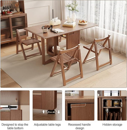 Solid Wood Folding Dining Table Extendable Dining Room Table 4 chairs, Wooden Dining Desk with Storage Wheel,Mid Century Modern Kitchen Table,Drop Leaf Table for Apartment,Living room,Walnut
