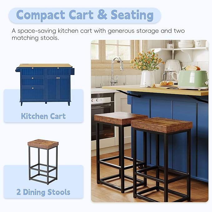 Farmhouse Kitchen Island with Drop Leaf and 2 Seatings, Kitchen Table Set with Storage Cabinet, Drawers, Door Shelves and Power Outlet Blue+Black+Brown
