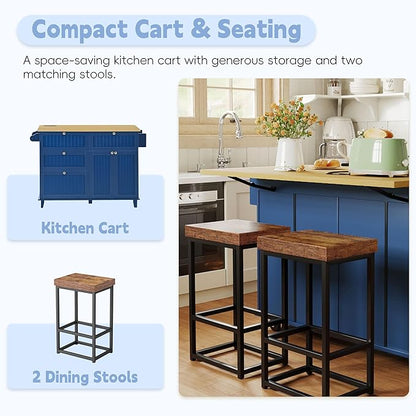 Farmhouse Kitchen Island with Drop Leaf and 2 Seatings, Kitchen Table Set with Storage Cabinet, Drawers, Door Shelves and Power Outlet Blue+Black+Brown
