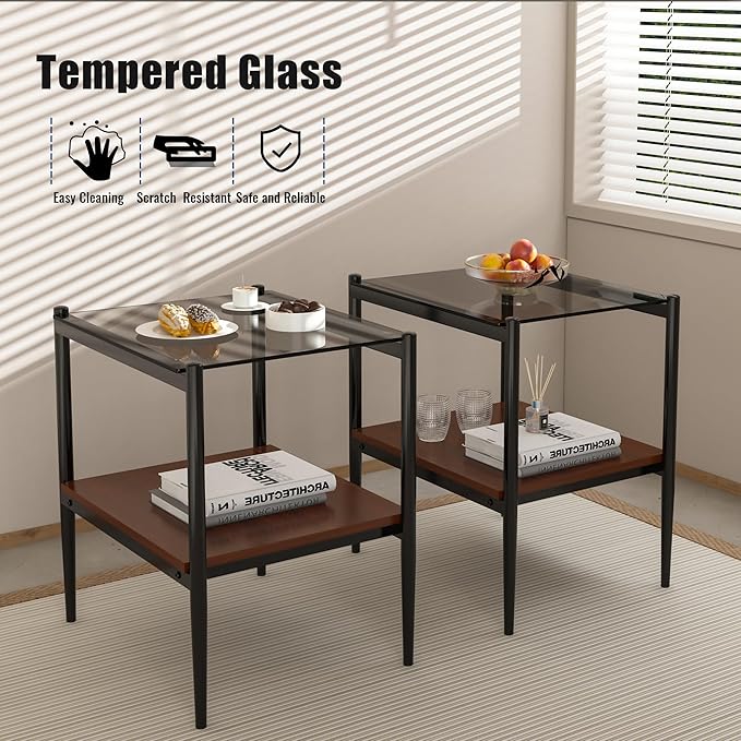 Set of 2 Glass End Table, 2-Layer Glass Living Room Table, Modern Tea Table Side Tables for Home Office Furniture