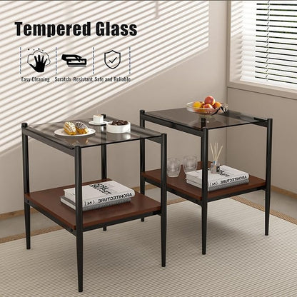 Set of 2 Glass End Table, 2-Layer Glass Living Room Table, Modern Tea Table Side Tables for Home Office Furniture