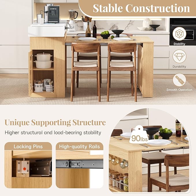 Extendable Dining Table with Folding Tabletop, Bar Table with Drawers and Power Outlet, Kitchen Island with Wheels and Hooks for Kitchen, Dining Room, Natural+Creamy White