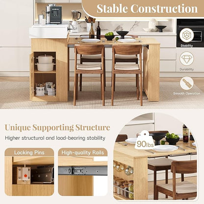 Extendable Dining Table with Folding Tabletop, Bar Table with Drawers and Power Outlet, Kitchen Island with Wheels and Hooks for Kitchen, Dining Room, Natural+Creamy White