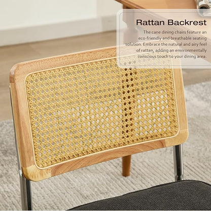 Rattan Back Linen Dining Chair Set of 2 Modern Breuer Designed Stainless Chrome Base Armless Upholstered Dining Chair for Dining Room, Kitchen Island(Black)