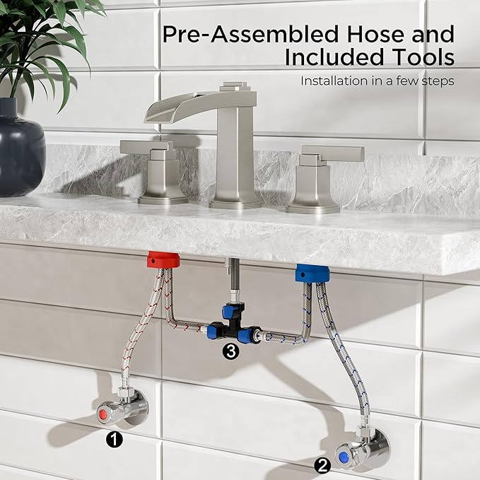 FORIOUS Brass Bathroom Faucets 3 Hole, Modern Waterfall Widespread 8 Inch Brushed Nickel Bathroom Sink Faucet with Metal Pop-up Drain and Pre-Assembled Hose for Vanity, Restroom, Bathtub