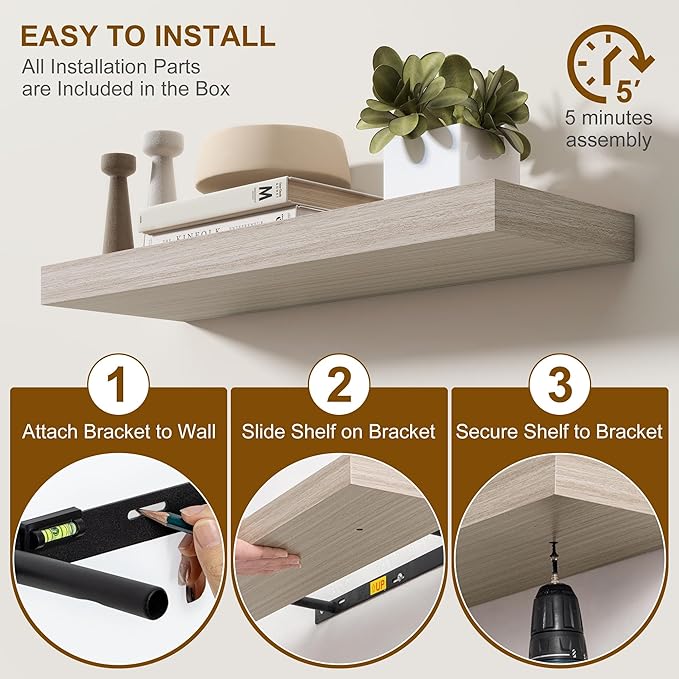 Fun Memories 72 Inch Floating Shelves, Wall Mounted Rustic Wood Floating Shelf with Invisible Brackets for Storage & Decor, 2 Pack Shelves for Bathroom,Bedroom and Kitchen, Grey
