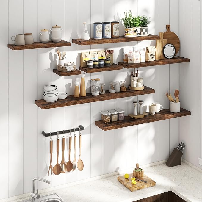 40 Inch Floating Shelves for Wall Set of 2, 8"D Wood Grain Bathroom Shelves with Invisible Brackets, Easy Install Engineered Wood Storage Shelves for Kitchen, Living Room, Bedroom, Rustic Brown Finish