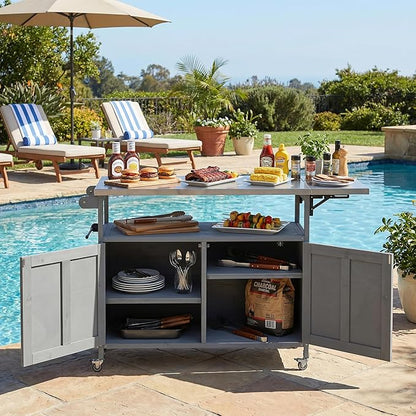 JIJIWANG 60.6" Mobile Kitchen Storage Island with Storage Cabinet and Towel Rack, Foldable Outdoor Kitchen Island with Stainless Steel Top and Lockable Wheels for Patio and Outdoor Grey