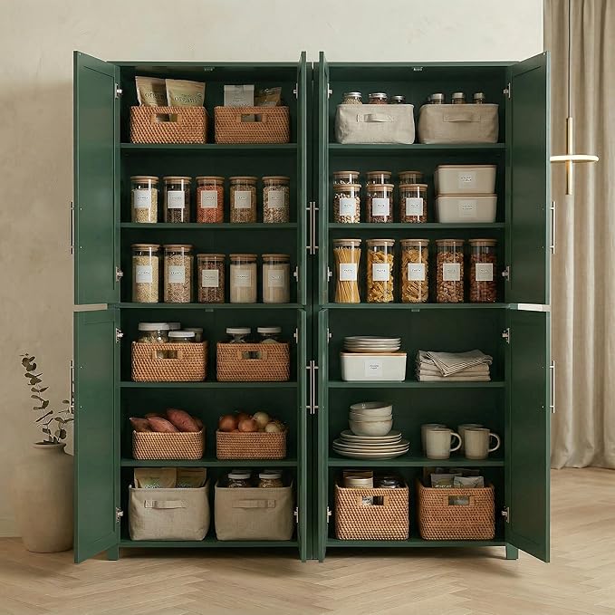 Casaphoria Kitchen Pantry Cabinet, 67" Tall Freestanding Kitchen Cabinet with 8 Adjustable Shelves, 56" W Storage Cabinet for Kitchen Pantry Organization (Green, Double)