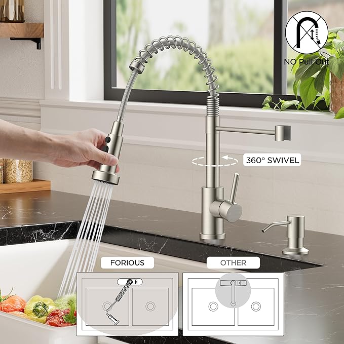 FORIOUS Kitchen Faucet with Soap Dispenser, Brushed Nickel Stainless Steel Sink Faucet with Sprayer Single Handle, Commercial Modern Spring Faucet for Kitchen Sink, Bar & Prep Sink, Laundry RV Camper