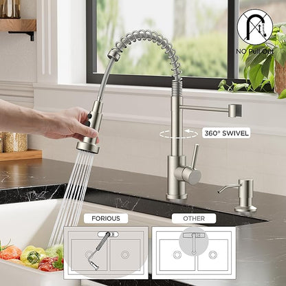 FORIOUS Kitchen Faucet with Soap Dispenser, Brushed Nickel Stainless Steel Sink Faucet with Sprayer Single Handle, Commercial Modern Spring Faucet for Kitchen Sink, Bar & Prep Sink, Laundry RV Camper
