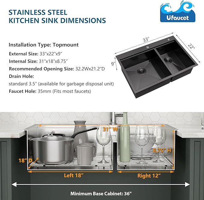 60/40 Drop In Double Bowl Kitchen Sink Black, 33x22 Inch Gunmetal Black Drop In Kitchen Sink Ledge Workstation 16 Gauge Stainless Steel Topmount Dual Basin with Cutting Board