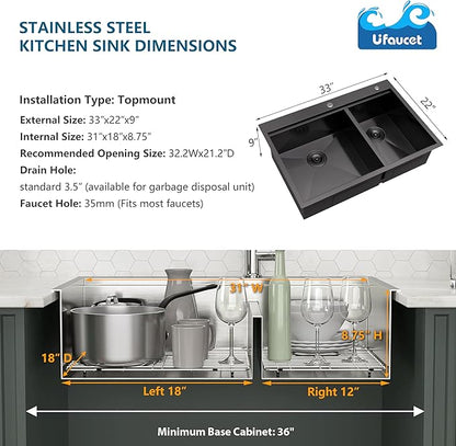 60/40 Drop In Double Bowl Kitchen Sink Black, 33x22 Inch Gunmetal Black Drop In Kitchen Sink Ledge Workstation 16 Gauge Stainless Steel Topmount Dual Basin with Cutting Board