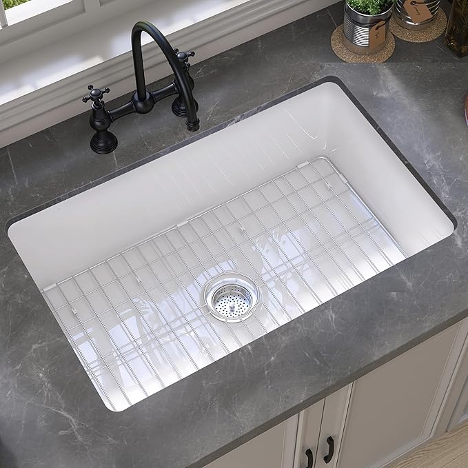 GETPRO White Undermount Kitchen Sink 32 inch Fireclay Farm Sink Drop in 32X19 Dual Mount Farmhouse Single Bowl Topmount Deep Basin with Accessory Easy to Clean for Bar, Kitchen, Laundry
