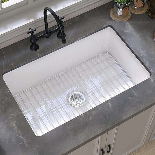 GETPRO White Undermount Kitchen Sink 32 inch Fireclay Farm Sink Drop in 32X19 Dual Mount Farmhouse Single Bowl Topmount Deep Basin with Accessory Easy to Clean for Bar, Kitchen, Laundry
