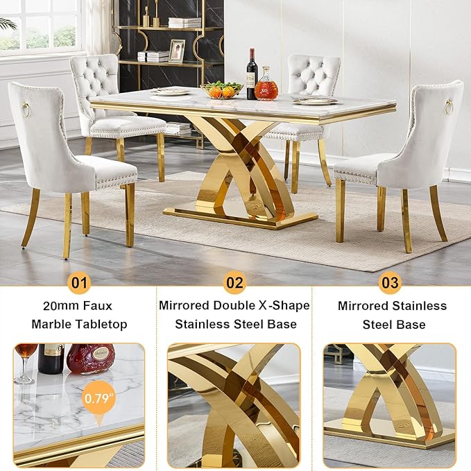 68 Inch Marble Dining Table for 4-6,Modern Dining Room Table with White Faux Marble Tabletop & Gold X Stainless Steel Base,Luxury Rectangle Gold Kitchen Dining Room Table for Living Room Home Office