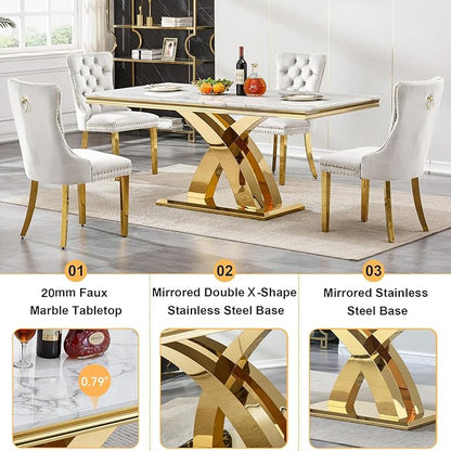68 Inch Marble Dining Table for 4-6,Modern Dining Room Table with White Faux Marble Tabletop & Gold X Stainless Steel Base,Luxury Rectangle Gold Kitchen Dining Room Table for Living Room Home Office