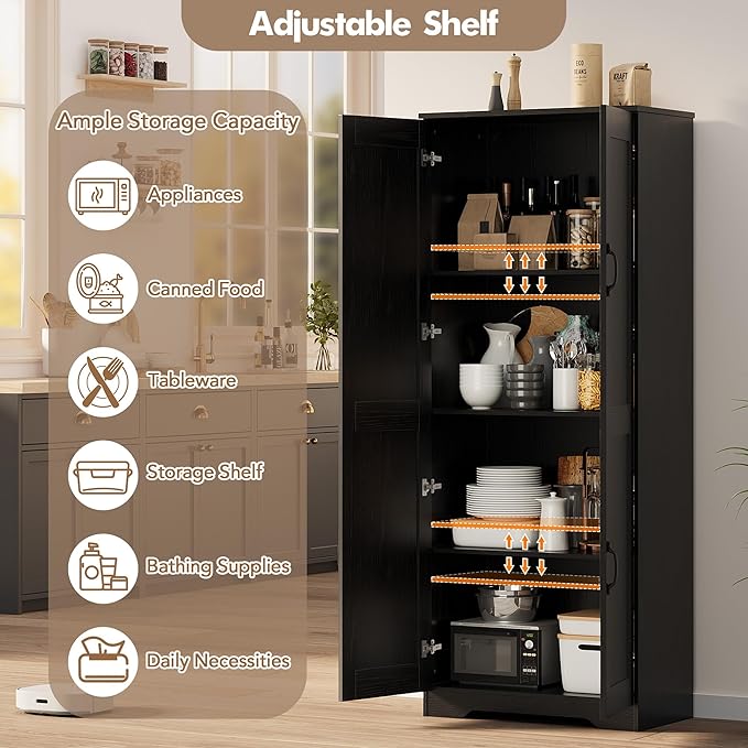IDEALHOUSE Tall Pantry Cabinet, 60" Kitchen Pantry Storage Cabinet with 2 Doors and Adjustable Shelves, Freestanding Kitchen Cabinet, Cupboard for Dining Room, Bathroom, Antique Black