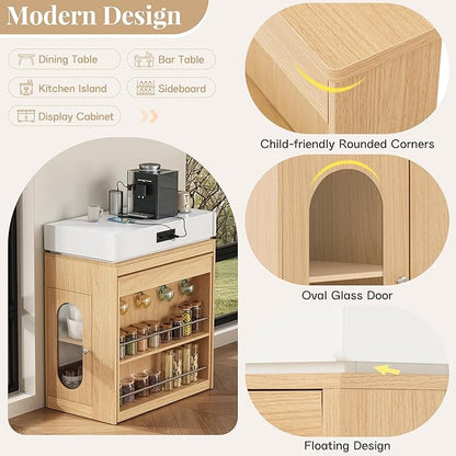 Kitchen Islands with Extendable Dining Table, Wheels and Hooks, Sideboard, Island Table with Double-Side Storage for Kitchen and Dining Room (Natural+Creamy White)