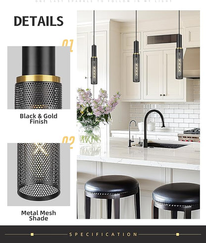AUTELO Black Pendant Lights Kitchen Island, Farmhouse Mesh Pendant Lights in Black and Gold Finish, 1-Light Hanging Lamp in Metal Frame, Pendant Light Fixture for Kitchen Island Dining Room, H3898 BK