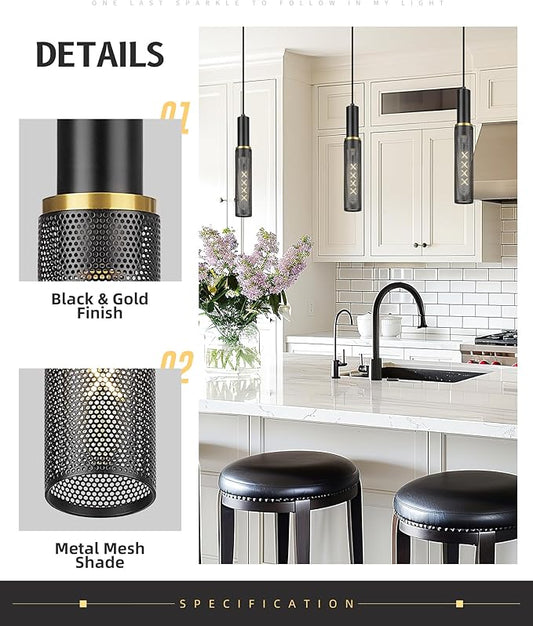 AUTELO Black Pendant Lights Kitchen Island, Farmhouse Mesh Pendant Lights in Black and Gold Finish, 1-Light Hanging Lamp in Metal Frame, Pendant Light Fixture for Kitchen Island Dining Room, H3898 BK
