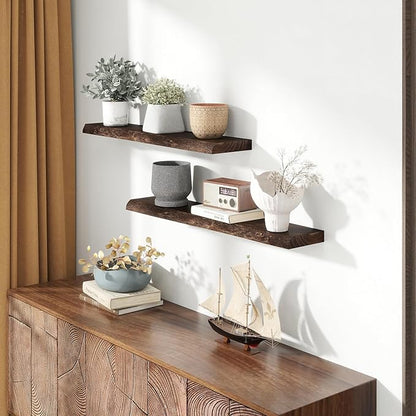 Live Edge Elm Wood Floating Shelves, 36 Inch Long Wall Shelves 2 Pack Shelf for Farmhouse Bedroom Bathroom Kitchen, Wall Mounted Wooden Shelf with Invisible Bracket for Books Decor, Walnut