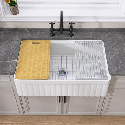 GETPRO White Farmhouse Sink 33 X 20 Fireclay Apron Front Undermount Workstation Kitchen Sink Single Bowl Reversible Farm House Style Extra Deep & Wide with Cutting Board & Accessory Kit