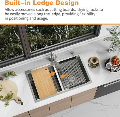 33"x19" Kitchen Sink Workstation - 50/50 Double Bowl Stainless Steel Undermount Kitchen Sink Built-in Ledge Drop In Workstation Sink For Placing/Sliding Accessories-Cutting Board,Drying Rack
