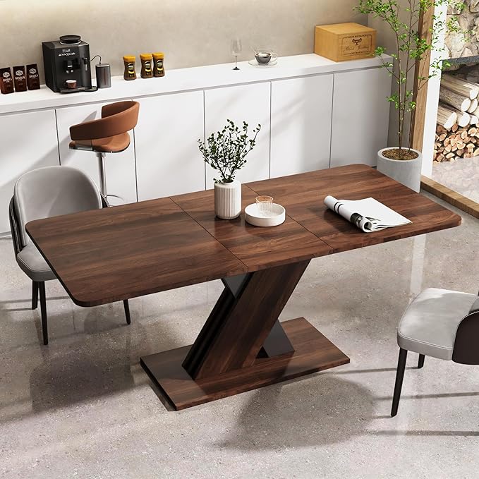 55.12"-70.78" Wooden Extendable Dining Table for 4-8, Modern Expandable Kitchen Table with X-Shaped Design Base and Wood Grain Tabletop for Living Room, Dining Room, Walnut