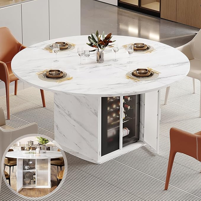 IBF 47" Round Dining Table with Storage, White Faux Marble Kitchen Tables for 4-6 People, Modern Dining Room Table with Fridge Space, Wood Circle Dinner Tables for Home, White Marble, Only Table