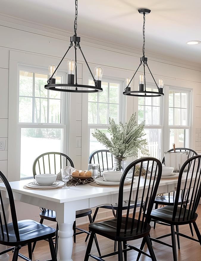 L LOHAS LED Black Farmhouse Chandeliers for Dining Room, 3-Light Wagon Wheel Chandelier Over Table, Height Adjustable, 16" Dining Room Light Fixtures, Modern Chandelier for Kitchen Island Living Room