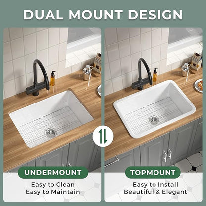Fireclay White Undermount Kitchen Sink 27 Inch, Topmount White Undermount Laundry Sink 27''Wx19''Dx10''H Drop In Single Bowl, Heavy Duty Deep Basin, Dual Mount, for Kitchen, Island, Laundry
