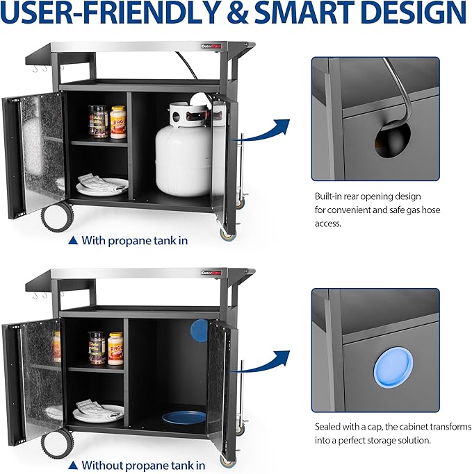 OuterMust Grill Table Outdoor Kitchen Cabinet, Moveable Outdoor Prep Table & Bar for Storage, Grilling and Pizza Oven, Multifunctional Silver & Black